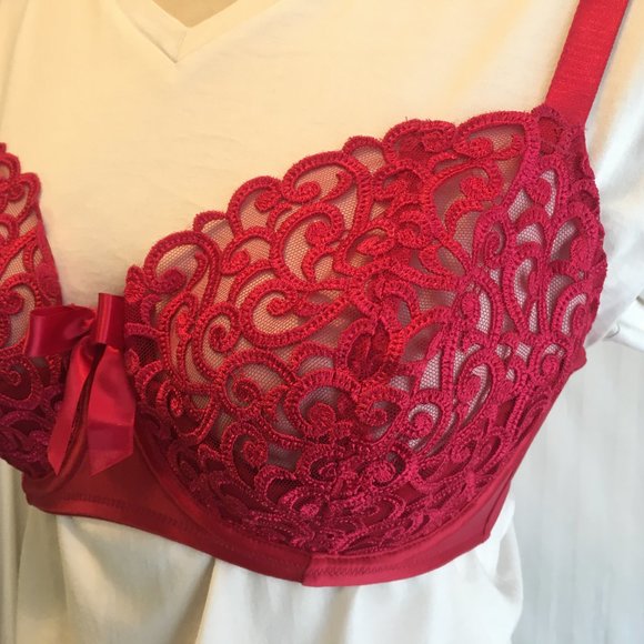 Victoria's Secret 34DD Unlined 1/2 Padding Push Up Cherry Red Lace Underwire Bra - Picture 12 of 16